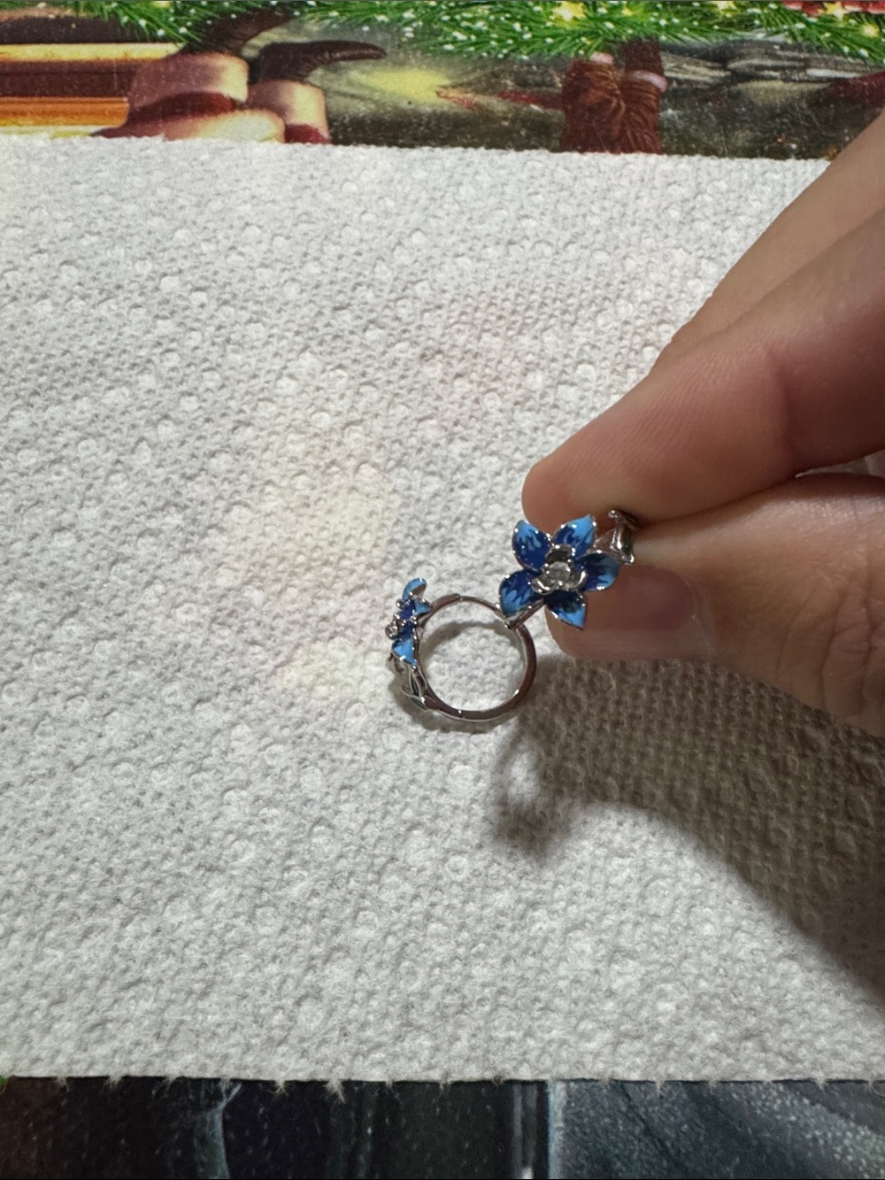 Blue Floral Crystal Ring in Silver Tone - Unbranded